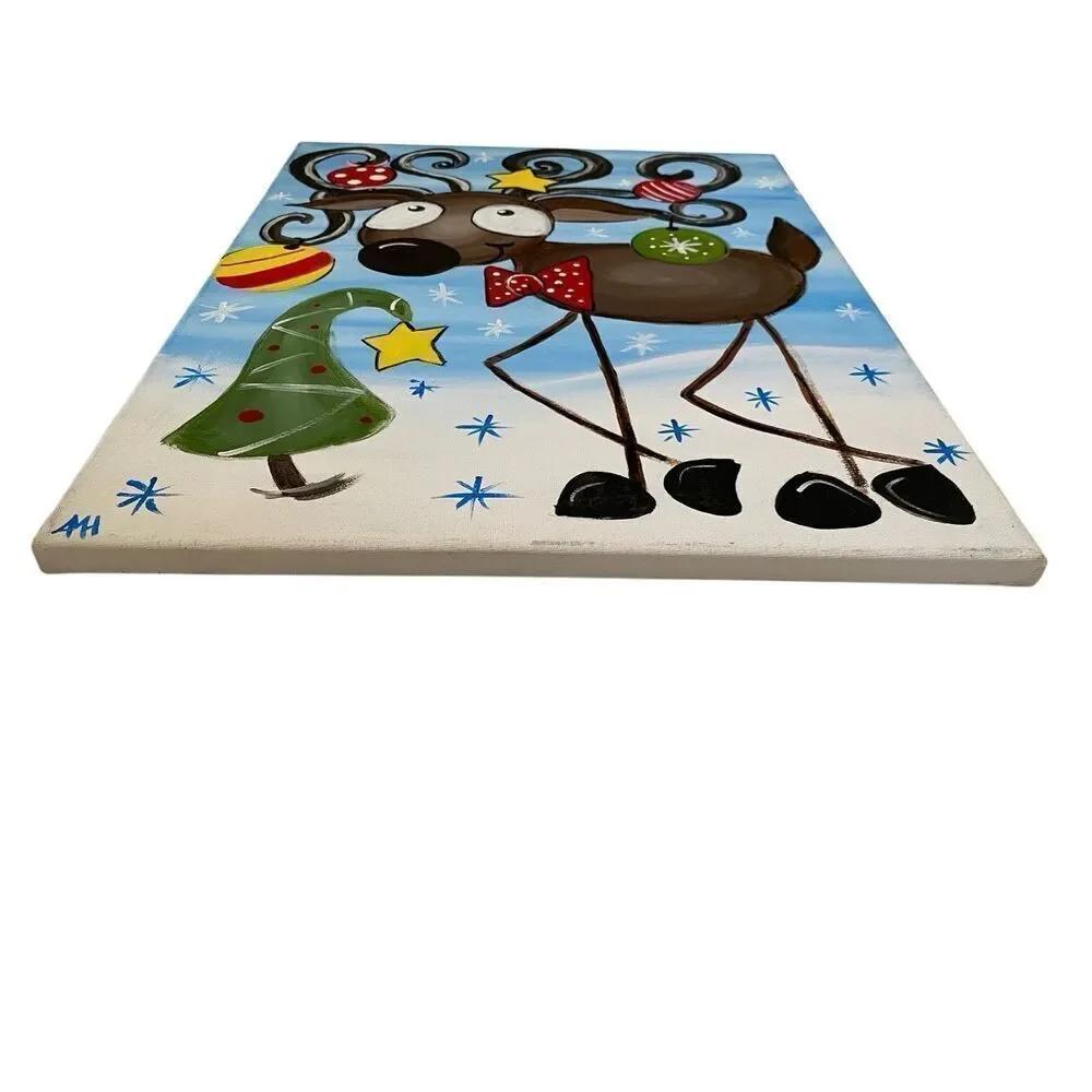 Handpainted Reindeer Christmas Canvas Painting Ornaments Xmas